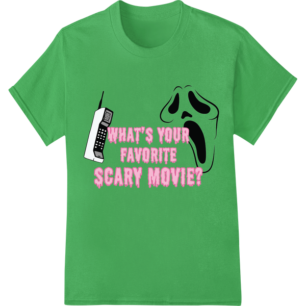 A black and white print design inspired by the iconic quote 'What's Your Favorite Scary Movie?' from the Scream movies.