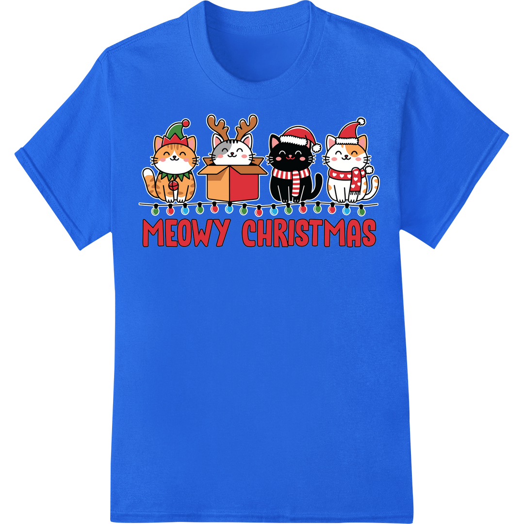 Meowy Christmas Cat Print | Feline Festive Heat Transfer on blue shirt - SUPERDTF-DTF Prints-DTF Transfers-Custom DTF Prints