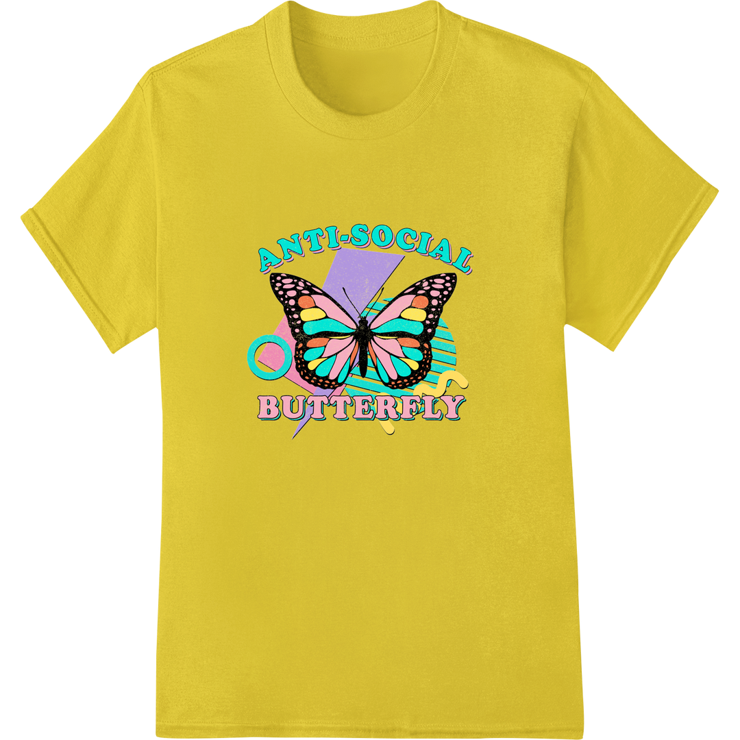 Retro 'Anti-Social Butterfly' 90s DTF Print Heat Transfer on yellow shirt - SUPERDTF-DTF Prints-DTF Transfers-Custom DTF Prints