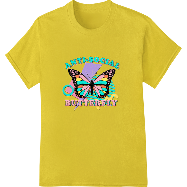 Retro 'Anti-Social Butterfly' 90s DTF Print Heat Transfer on yellow shirt - SUPERDTF-DTF Prints-DTF Transfers-Custom DTF Prints