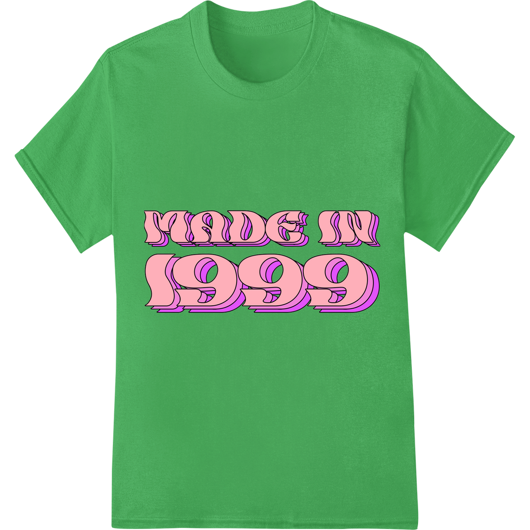 Retro 'MADE IN 1999' DTF Print Heat Transfer | '90s Nostalgia on green shirt - SUPERDTF-DTF Prints-DTF Transfers-Custom DTF Prints