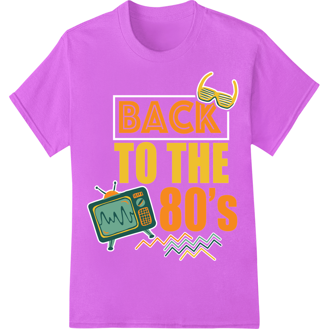 Retro 80s Vibes: Bold Colors & Iconic Style DTF Print on purple shirt - SUPERDTF-DTF Prints-DTF Transfers-Custom DTF Prints