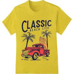 Vintage Red Pickup Truck Classic Beach Life Palm Trees enhanced with professional custom DTF designs