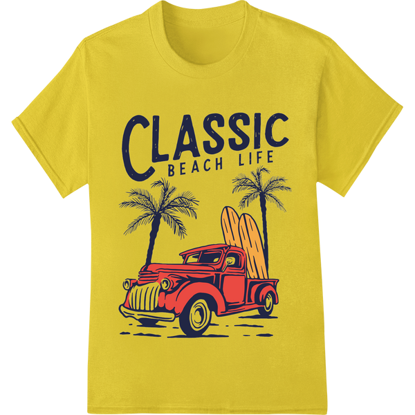 Vintage Red Pickup Truck Classic Beach Life Palm Trees enhanced with professional custom DTF designs