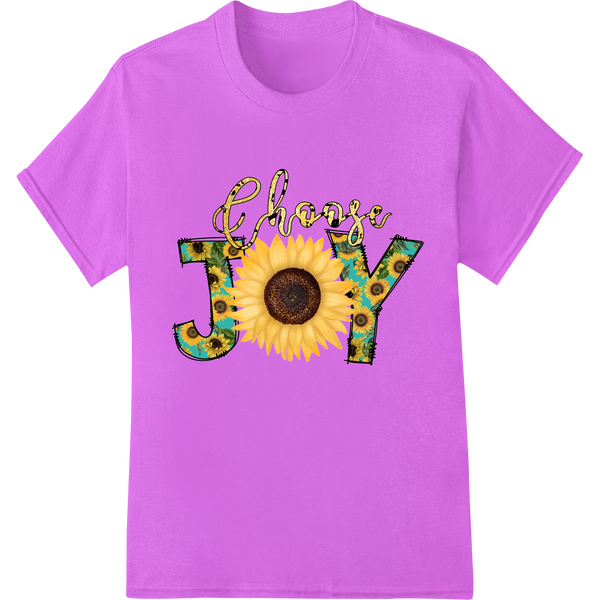 A vibrant sunflower design titled 'Sunflower of Joy' printed using the DTF (Direct-to-Film) heat transfer method.