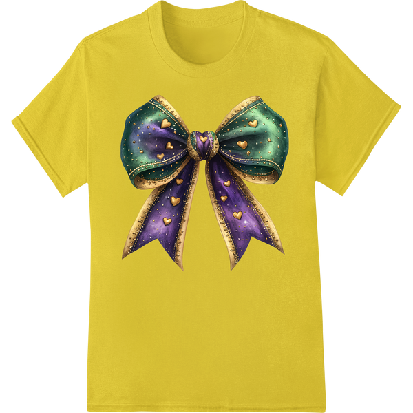 Festive Mardi Gras Bow DTF Print Heat Transfer | Party Decor on yellow shirt - SUPERDTF-DTF Prints-DTF Transfers-Custom DTF Prints