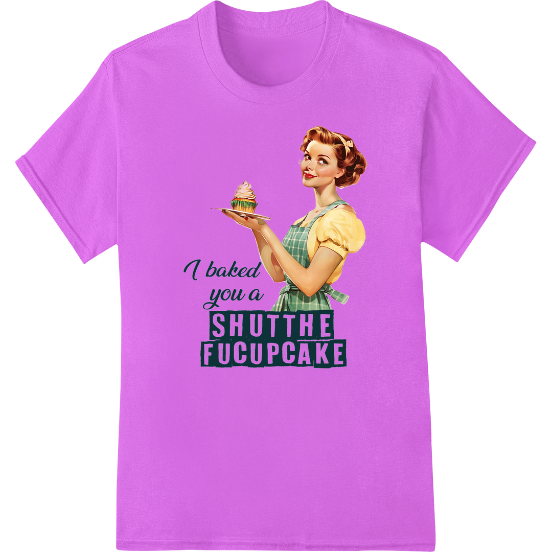 Retro Cupcake Sass: Funny Pinup Girl DTF Print Transfer on purple shirt - SUPERDTF-DTF Prints-DTF Transfers-Custom DTF Prints