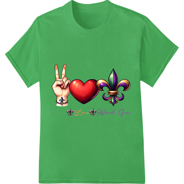 Vibrant Mardi Gras DTF Print: Peace, Love, and Celebration on green shirt - SUPERDTF-DTF Prints-DTF Transfers-Custom DTF Prints