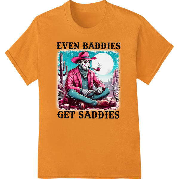 A whimsical design featuring a skeleton cowboy with a sad expression, wearing a cowboy hat, bandana, and boots.