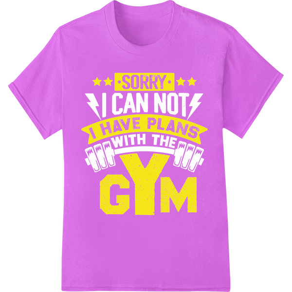 No Excuses: Bold 'Sorry I Have Plans GYM' DTF Print Transfer on purple shirt - SUPERDTF-DTF Prints-DTF Transfers-Custom DTF Prints