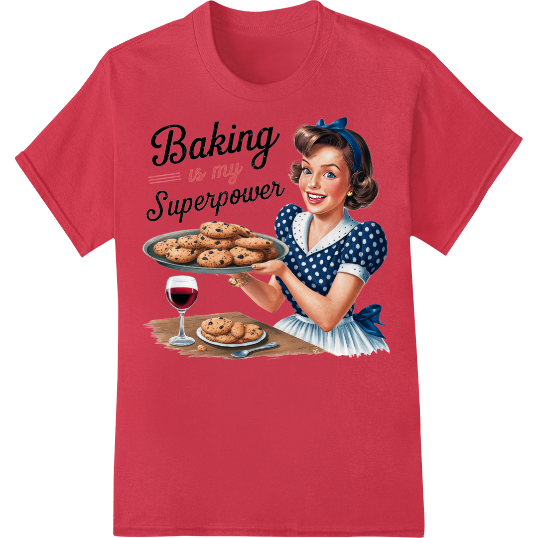 Baking is my Superpower: Vintage Housewife DTF Print Transfer on red shirt - SUPERDTF-DTF Prints-DTF Transfers-Custom DTF Prints