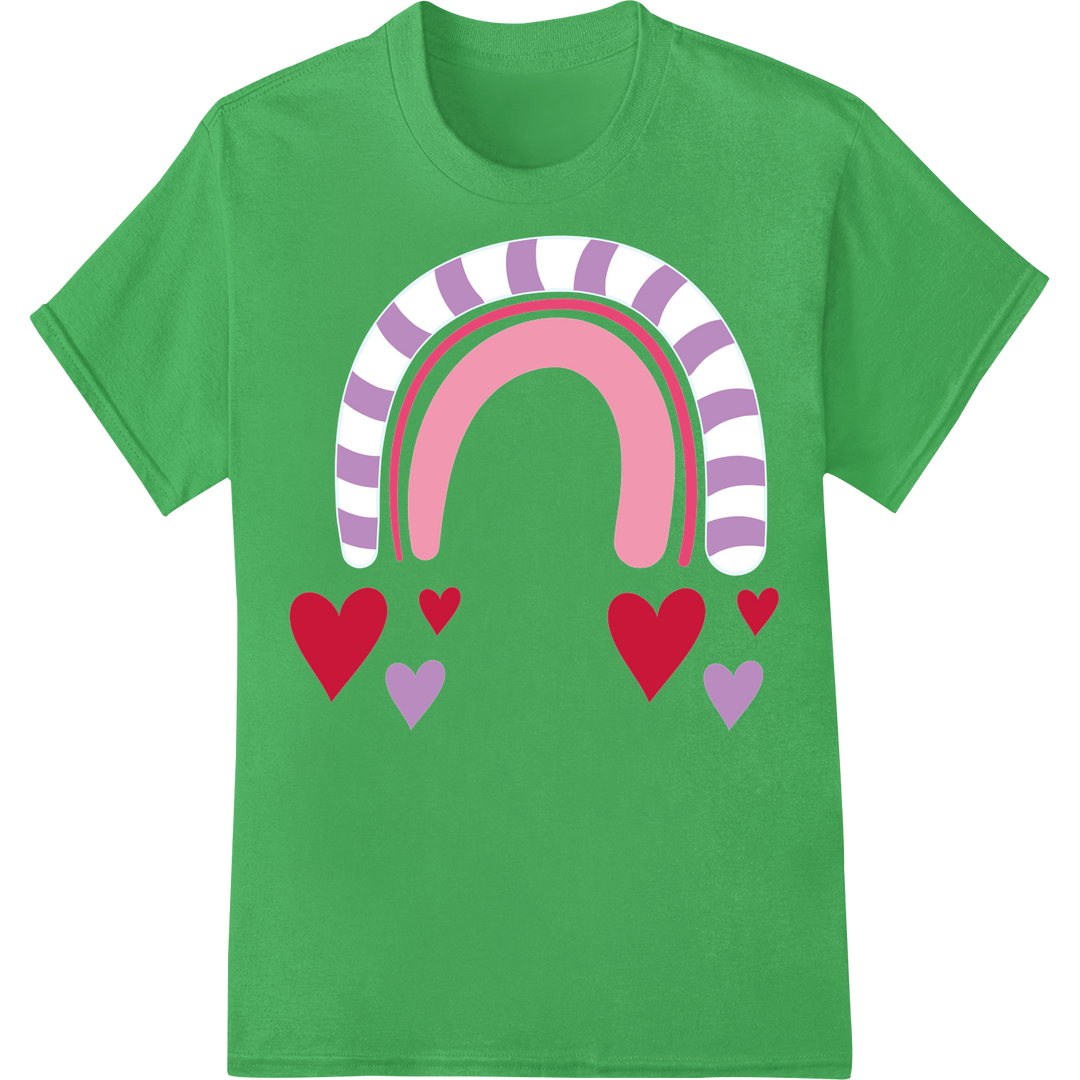 Vibrant Rainbow Hearts DTF Print for Valentine's Day Gifts on green shirt - SUPERDTF-DTF Prints-DTF Transfers-Custom DTF Prints