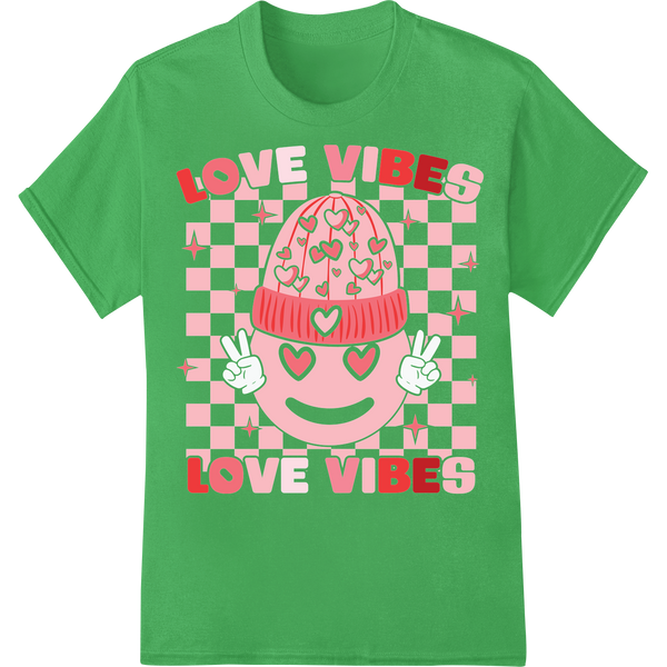 Spread Love with Our Vibrant 'Love Vibes' Valentine's Beanie on green shirt - SUPERDTF-DTF Prints-DTF Transfers-Custom DTF Prints