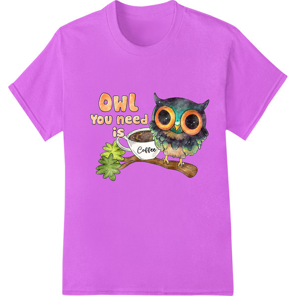 Wise Owl's Coffee Fix: Quirky DTF Print Heat Transfer on purple shirt - SUPERDTF-DTF Prints-DTF Transfers-Custom DTF Prints