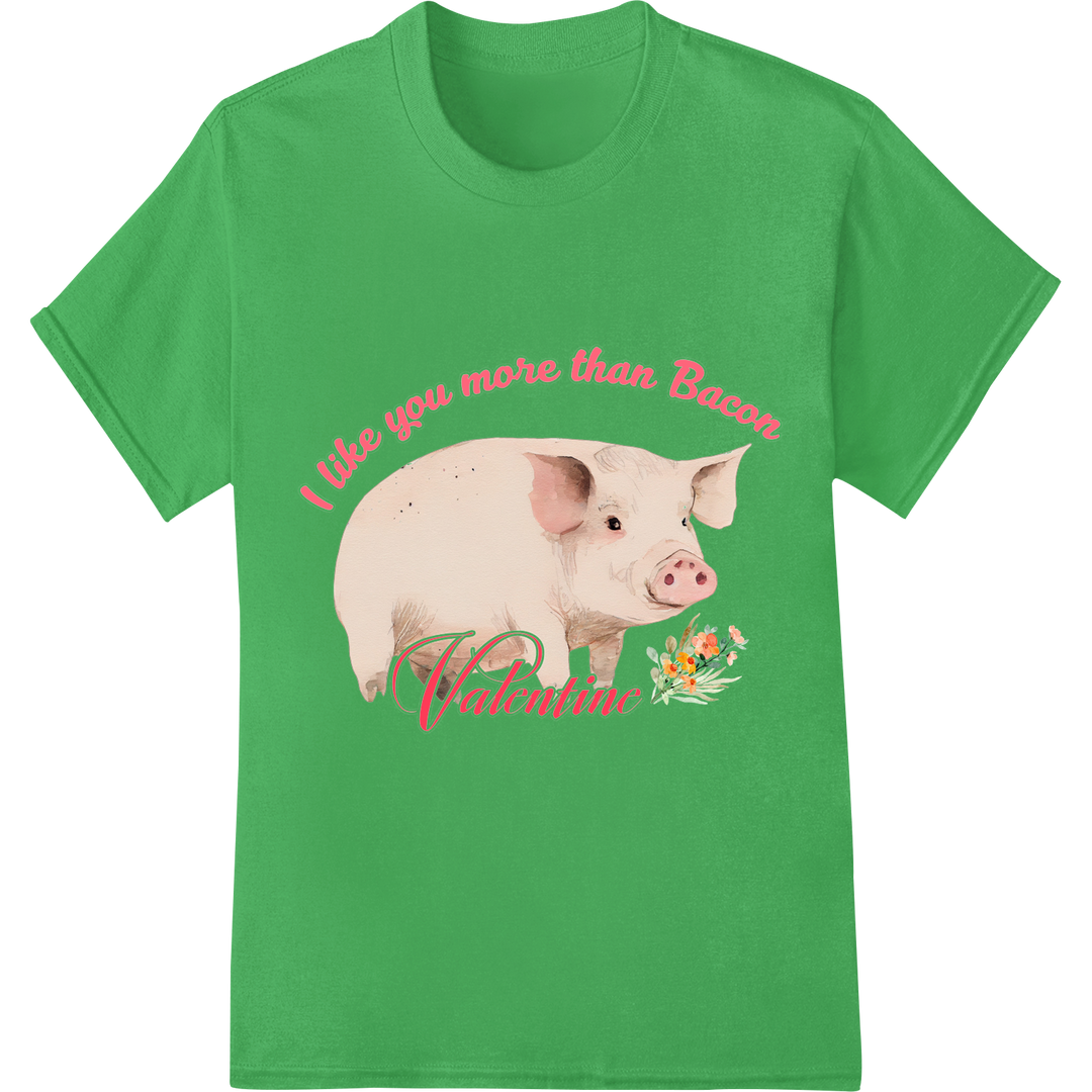 Adorable Pig Valentine DTF Print: I Like You More Than Bacon on green shirt - SUPERDTF-DTF Prints-DTF Transfers-Custom DTF Prints