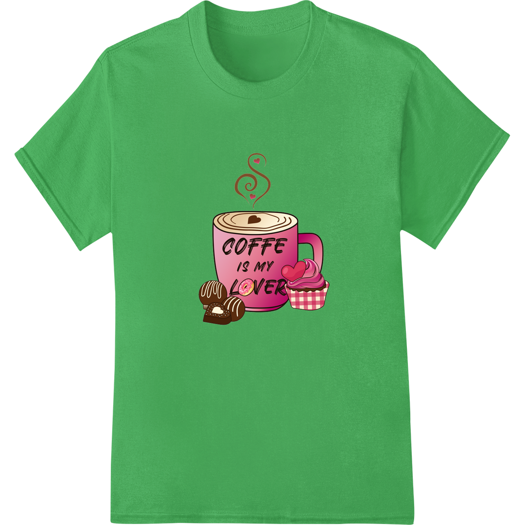 Cozy Coffee Lover's Valentine DTF Print Heat Transfer on green shirt - SUPERDTF-DTF Prints-DTF Transfers-Custom DTF Prints