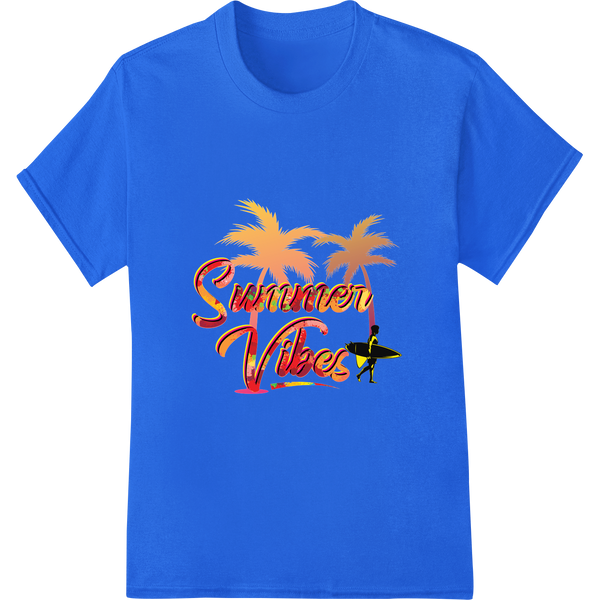 Retro 'Summer Vibes' DTF Heat Transfer Print | Surfing Design on blue shirt - SUPERDTF-DTF Prints-DTF Transfers-Custom DTF Prints