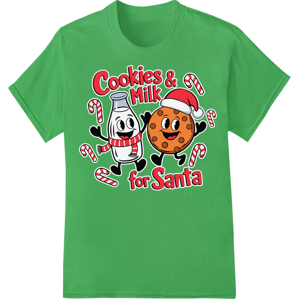 Adorable 'Cookies & Milk for Santa' Christmas DTF Print on green shirt - SUPERDTF-DTF Prints-DTF Transfers-Custom DTF Prints