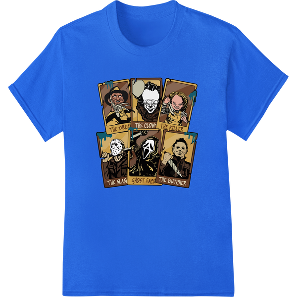 Iconic Horror Villains DTF print heat transfer featuring 6 scary movie characters like Freddy Krueger and Michael Myers