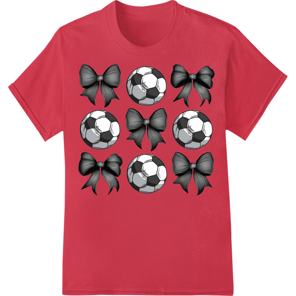 Bow-Tied Soccer Balls: Playful Sports Print Heat Transfer on red shirt - SUPERDTF-DTF Prints-DTF Transfers-Custom DTF Prints