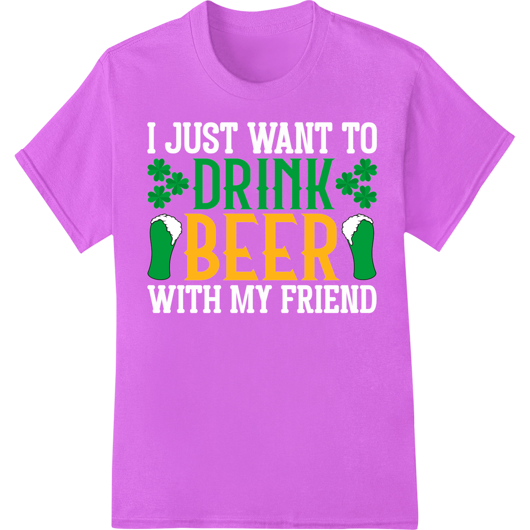 Festive 'DRINK BEER' St. Patrick's Day DTF Print Transfer on purple shirt - SUPERDTF-DTF Prints-DTF Transfers-Custom DTF Prints