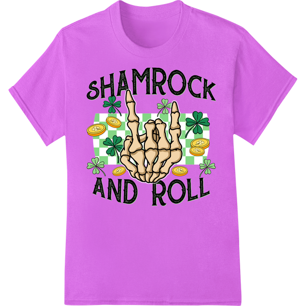 Shamrock & Roll Skeleton Hand St Patrick's Day DTF Print on purple shirt - SUPERDTF-DTF Prints-DTF Transfers-Custom DTF Prints