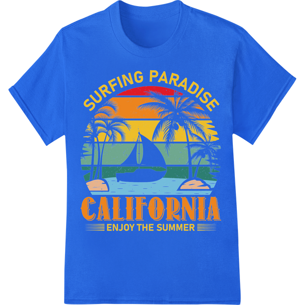 Retro California Surfing Paradise DTF Heat Transfer Print on blue shirt - SUPERDTF-DTF Prints-DTF Transfers-Custom DTF Prints