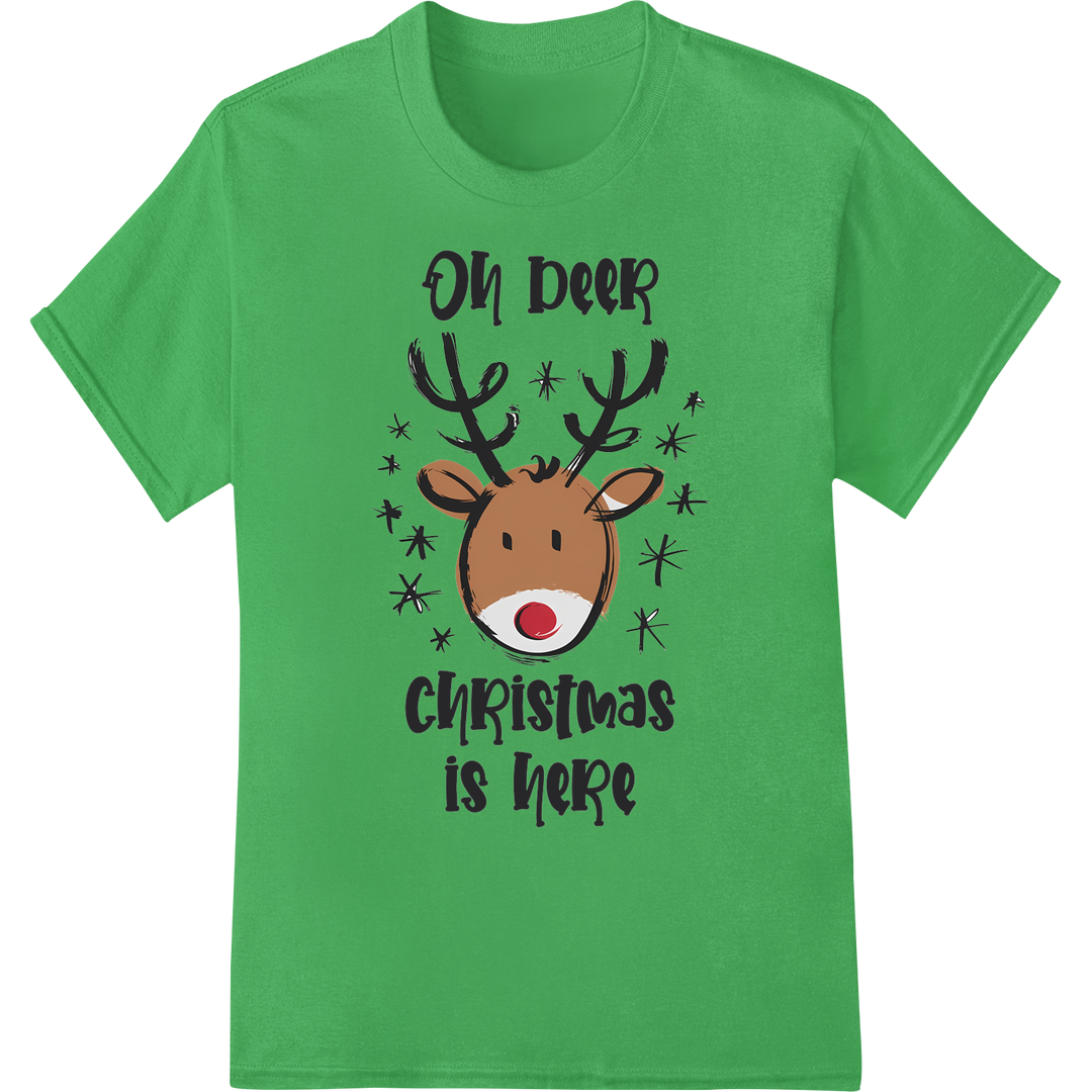 Oh Deer, Christmas is Here | Cute Reindeer DTF Print on green shirt - SUPERDTF-DTF Prints-DTF Transfers-Custom DTF Prints