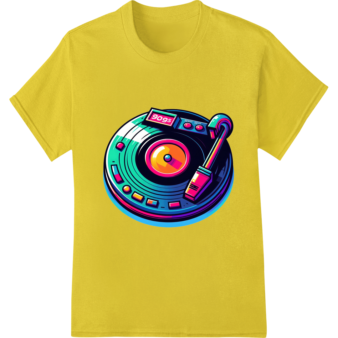 Retro 90s Turntable DJ Graphic Tee DTF Print Heat Transfer on yellow shirt - SUPERDTF-DTF Prints-DTF Transfers-Custom DTF Prints