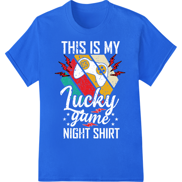 Retro Gaming Abstract: Vibrant DTF Print Heat Transfer on blue shirt - SUPERDTF-DTF Prints-DTF Transfers-Custom DTF Prints