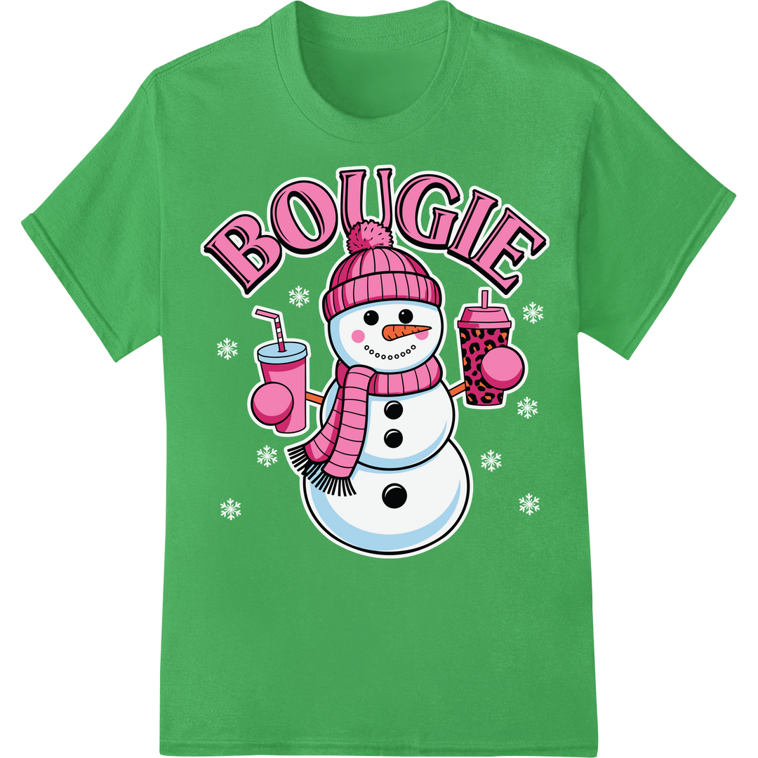 Bougie Snowman: Trendy Winter Fun DTF Print Heat Transfer on green shirt - SUPERDTF-DTF Prints-DTF Transfers-Custom DTF Prints