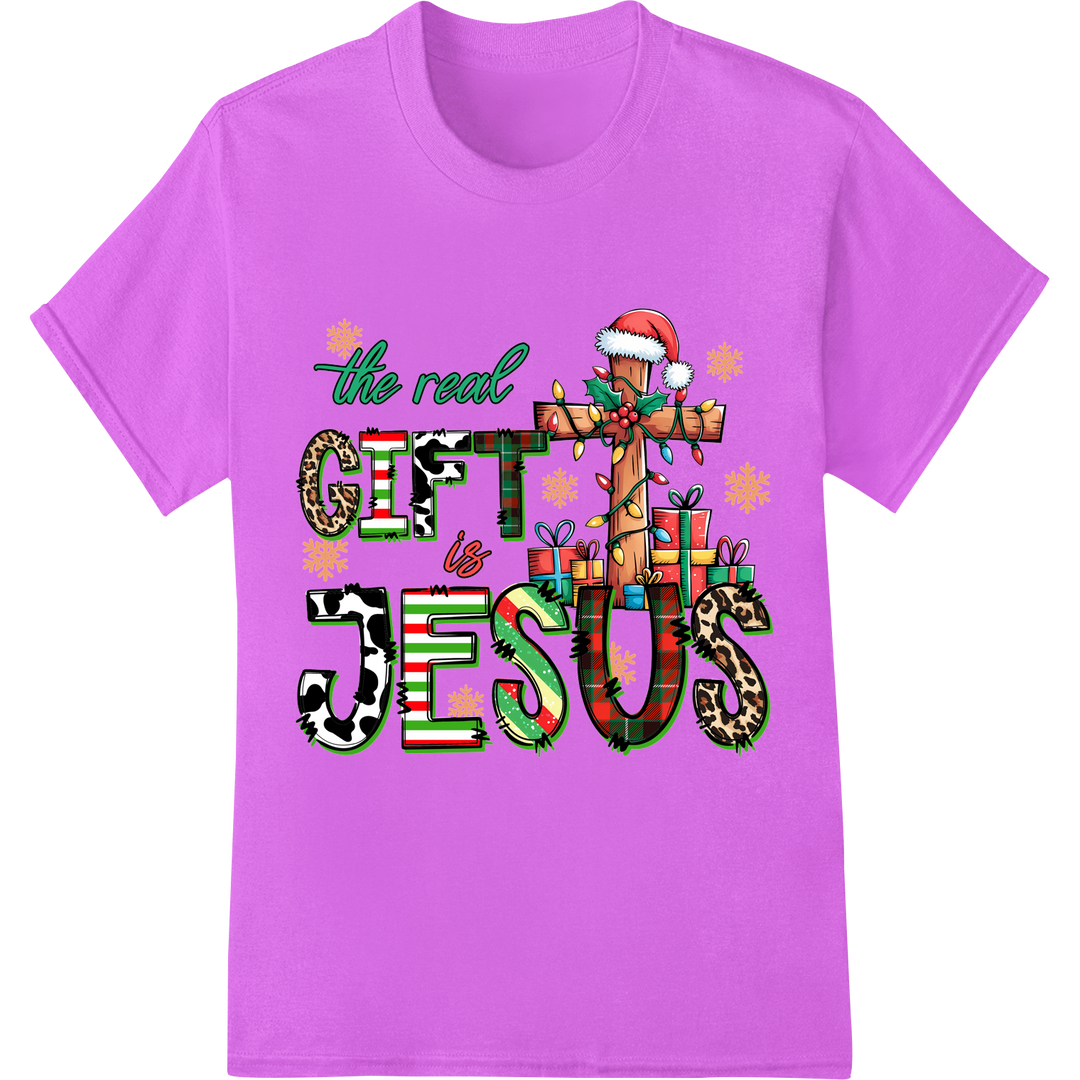 Faith-Filled Christmas: 'The Real GIFT is JESUS' DTF Print on purple shirt - SUPERDTF-DTF Prints-DTF Transfers-Custom DTF Prints