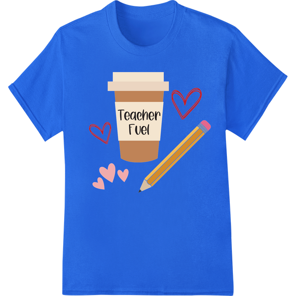 Heartwarming 'Teacher Fuel' DTF Print | Teacher Gift Idea on blue shirt - SUPERDTF-DTF Prints-DTF Transfers-Custom DTF Prints