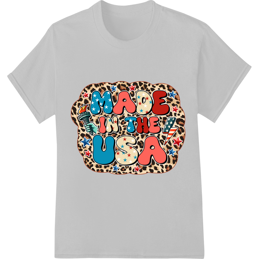 Patriotic Leopard 'MADE IN THE USA' 4th of July DTF Print on white shirt - SUPERDTF-DTF Prints-DTF Transfers-Custom DTF Prints