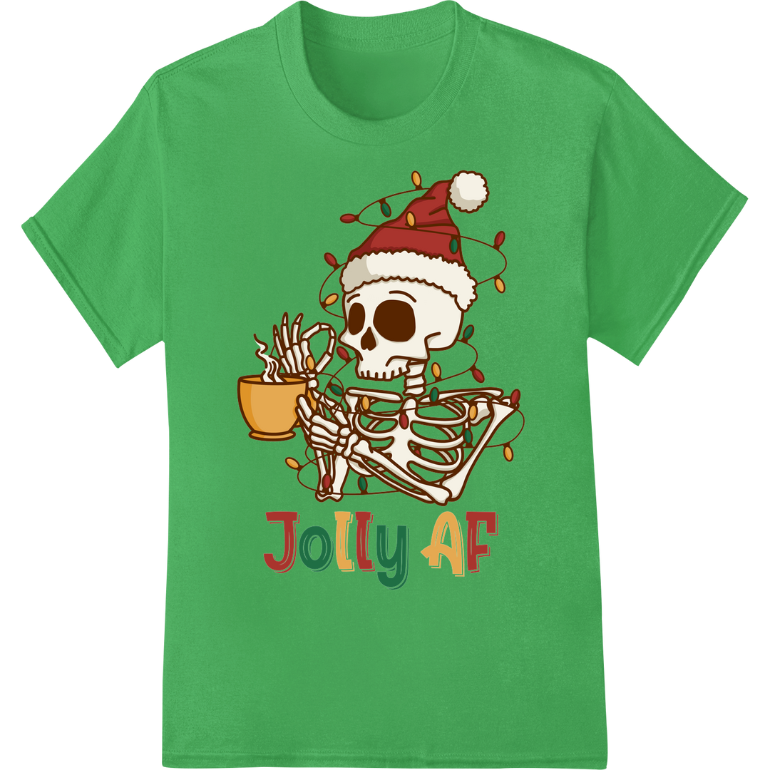 Jolly AF Skeleton Santa Christmas DTF Heat Transfer on green shirt - SUPERDTF-DTF Prints-DTF Transfers-Custom DTF Prints