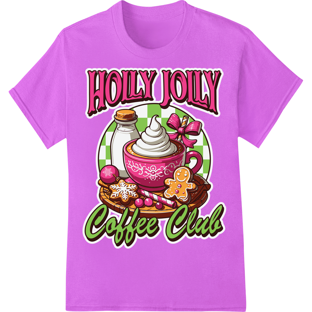 Festive 'Holly Jolly Coffee Club' Christmas DTF Print on purple shirt - SUPERDTF-DTF Prints-DTF Transfers-Custom DTF Prints