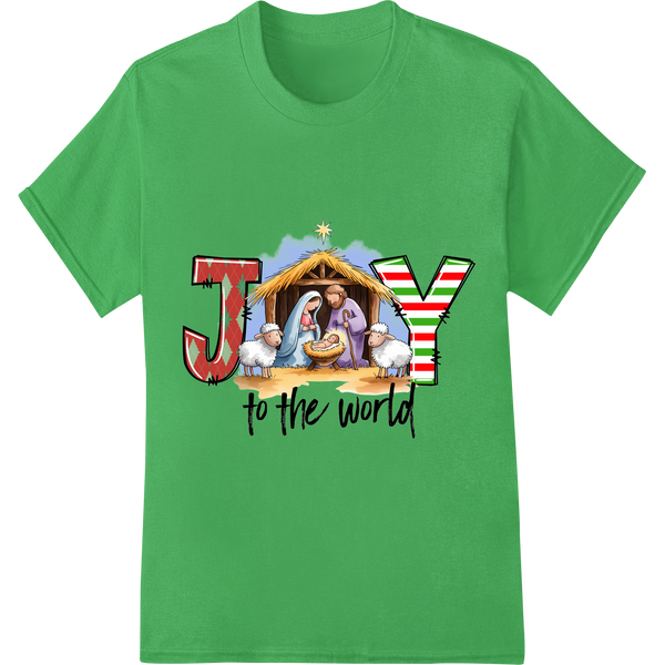 Nativity 'Joy to the World' Christian Christmas DTF Print on green shirt - SUPERDTF-DTF Prints-DTF Transfers-Custom DTF Prints