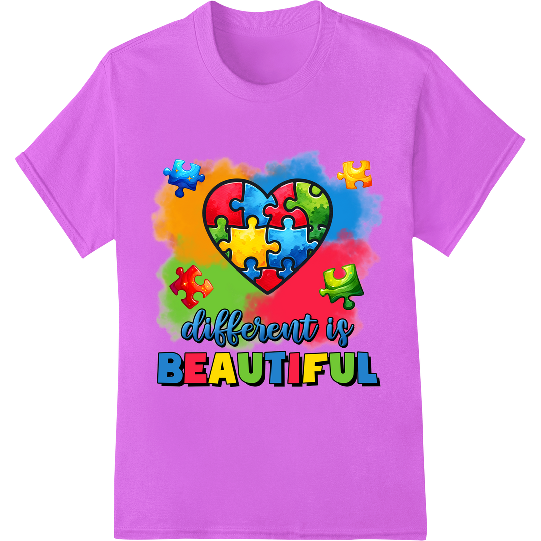 Autism Awareness: Different is Beautiful Puzzle Heart on purple shirt - SUPERDTF-DTF Prints-DTF Transfers-Custom DTF Prints