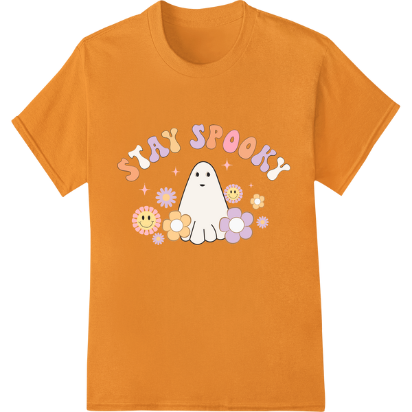 A cute ghost design with a spooky pumpkin illustration, perfect for Halloween DTF heat transfer printing on custom apparel.