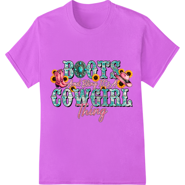 Sassy Cowgirl Vibes: Boots, Bling & Everything Thing on purple shirt - SUPERDTF-DTF Prints-DTF Transfers-Custom DTF Prints