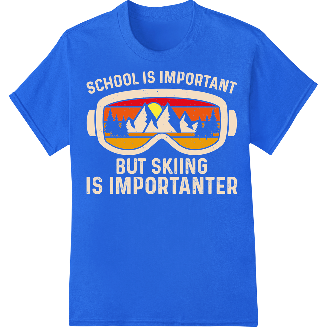 Retro Skiing Adventure: School's Out, Slopes Are In on blue shirt - SUPERDTF-DTF Prints-DTF Transfers-Custom DTF Prints