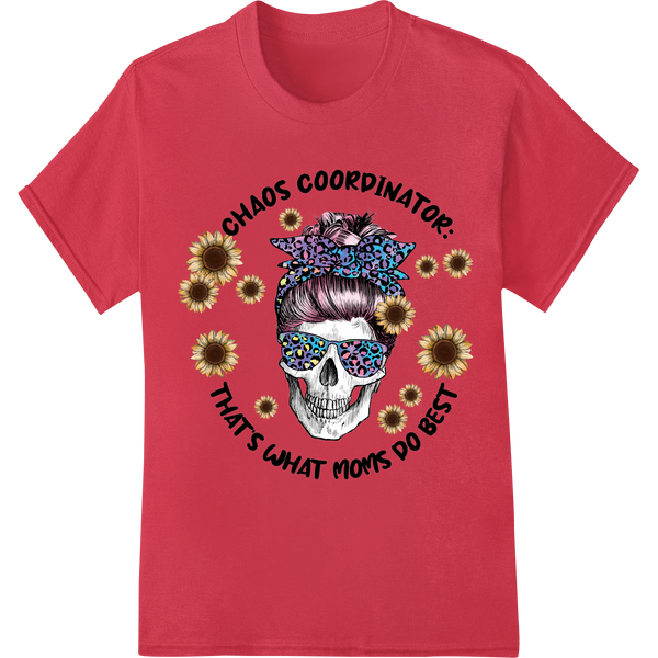 Edgy Skull Bandana 'Chaos Coordinator' Mom DTF Print Transfer on red shirt - SUPERDTF-DTF Prints-DTF Transfers-Custom DTF Prints