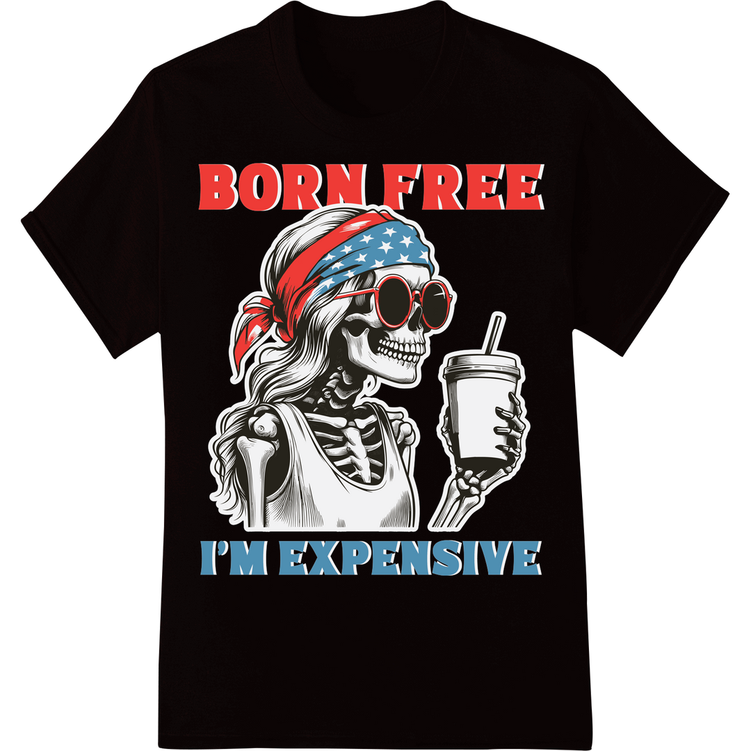 Patriotic Skeleton "BORN FREE" Edgy 4th of July DTF Print on black shirt - SUPERDTF-DTF Prints-DTF Transfers-Custom DTF Prints