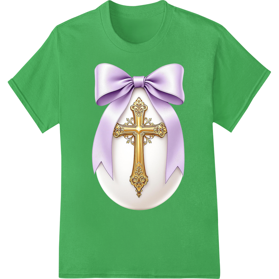 Elegant Gold Cross with Lavender Ribbon for Easter on green shirt - SUPERDTF-DTF Prints-DTF Transfers-Custom DTF Prints