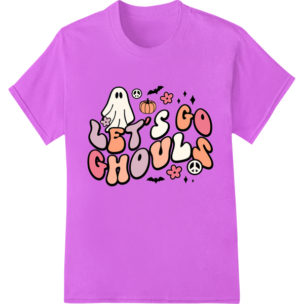 Playful 'Let's Go Ghouls' Direct to Film print design featuring cute ghosts and pumpkins in Halloween colors