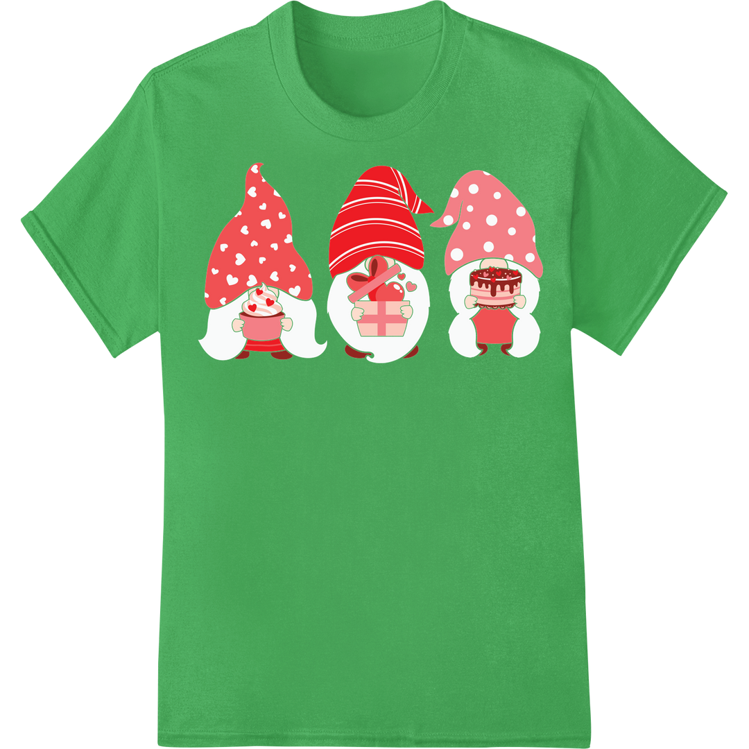 Adorable Valentine's Gnome Trio Heat Transfer Design on green shirt - SUPERDTF-DTF Prints-DTF Transfers-Custom DTF Prints