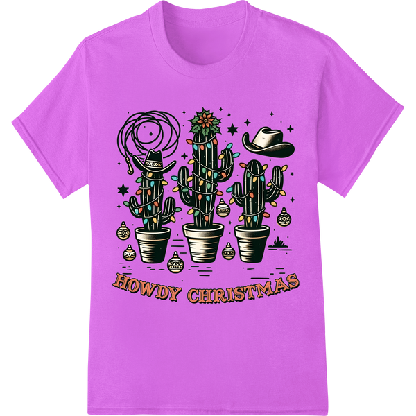 Festive Cactus Cheer: "Howdy Christmas" DTF Print Transfer on purple shirt - SUPERDTF-DTF Prints-DTF Transfers-Custom DTF Prints