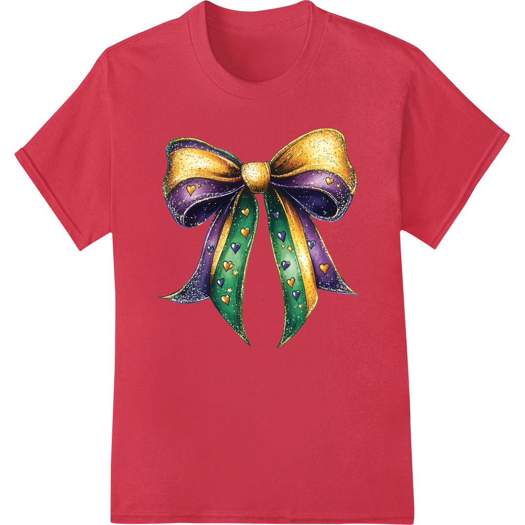 Shimmering Mardi Gras Bow DTF Print Heat Transfer on red shirt - SUPERDTF-DTF Prints-DTF Transfers-Custom DTF Prints