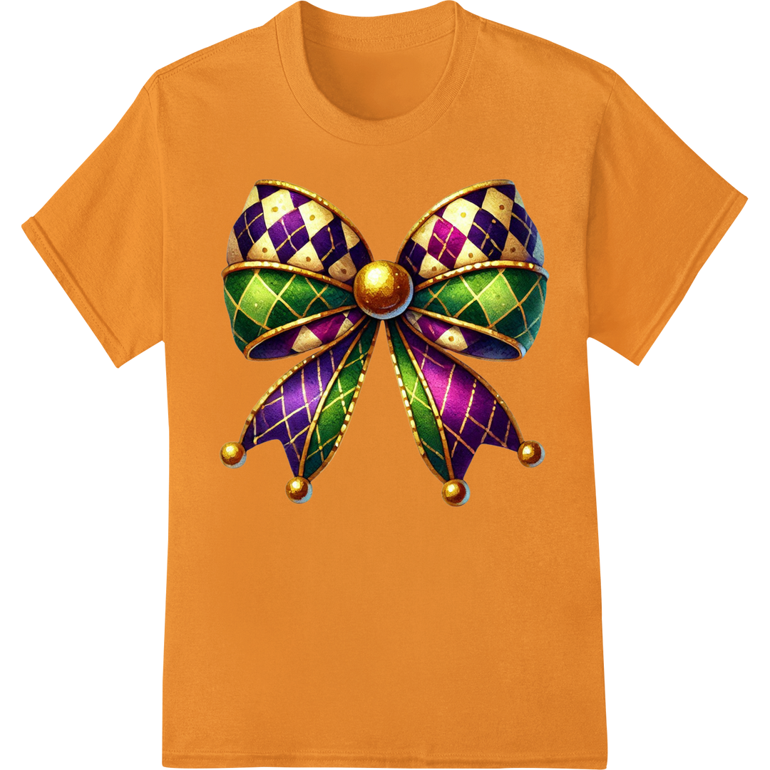 Festive Mardi Gras Argyle Bow - DTF Heat Transfer Print on orange shirt - SUPERDTF-DTF Prints-DTF Transfers-Custom DTF Prints