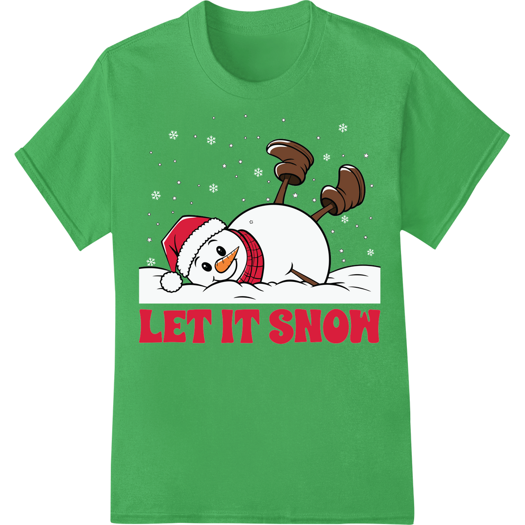 Let It Snow: Adorable Snowman DTF Print Heat Transfer on green shirt - SUPERDTF-DTF Prints-DTF Transfers-Custom DTF Prints